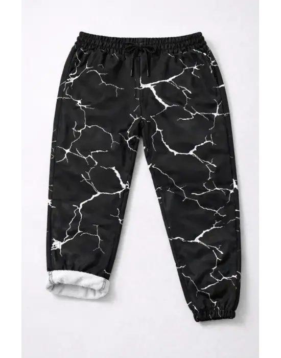 Dijital Baskılı Eşofman Altı Kışlık Üç İplik Şardonlu Kumaş Lastikli Paça, Cepli, Rahat Kalıp - Siyah