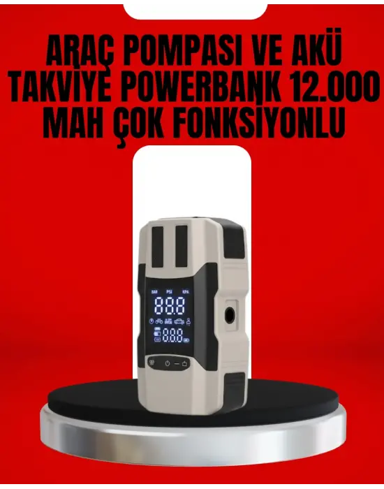 Dijital Ekranlı Araç Pompası Akü Takviye Powerbank 12.000 Mah