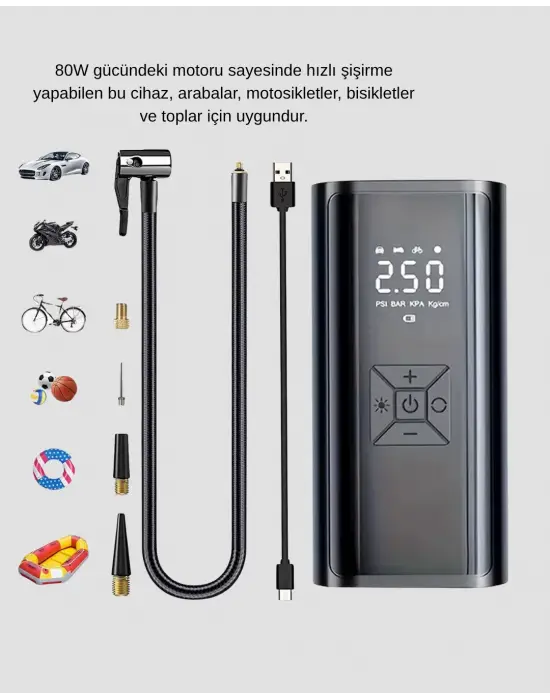 Dijital Ekranlı Kablosuz Hava Pompası Led Işıklı 12v 80w