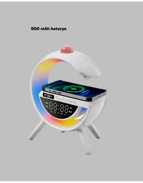 Dijital Saatli Kablosuz Şarj Destekli Rgb Led Işıklı Bluetooth Ses Sistemi