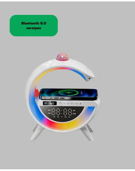 Dijital Saatli Kablosuz Şarj Destekli Rgb Led Işıklı Bluetooth Ses Sistemi