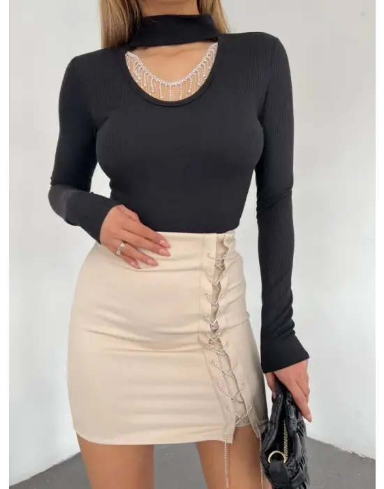 Dik Yaka Taş Detaylı Uzun Kol Bluz -Siyah