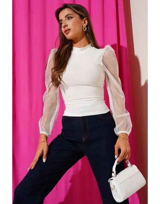 Dik yaka tül kollu bluz beyaz t3066