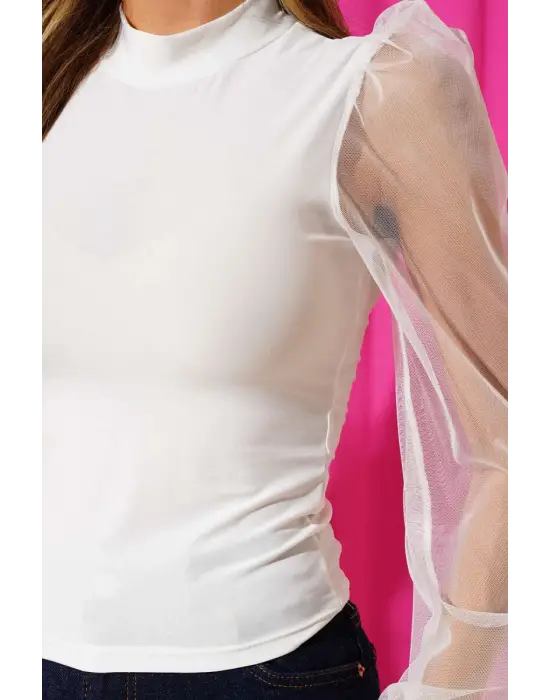 Dik yaka tül kollu bluz beyaz t3066