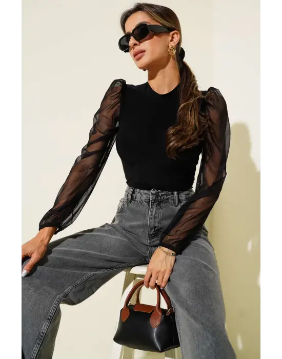 Dik yaka tül kollu bluz siyah t3066