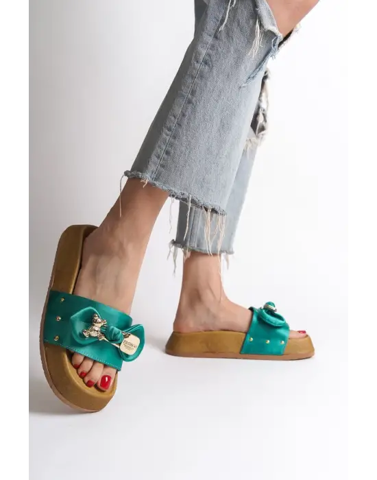 Şık Saten Bayan Terlik SKısa Topuk - Yeşil