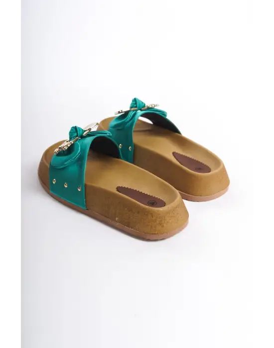 Şık Saten Bayan Terlik SKısa Topuk - Yeşil