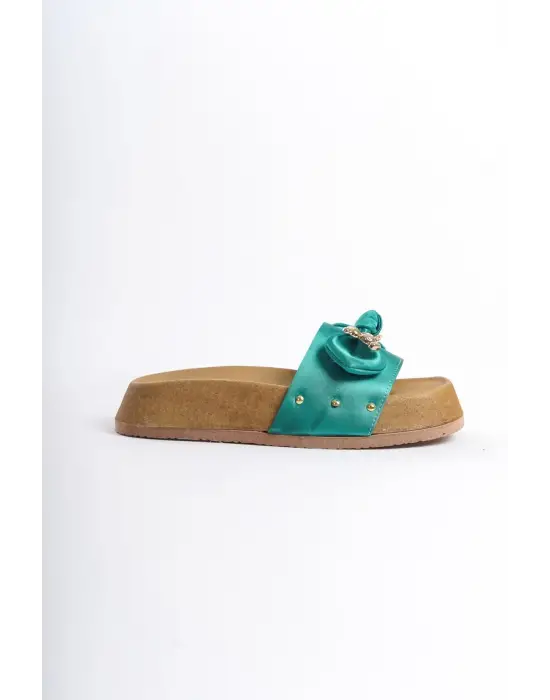 Şık Saten Bayan Terlik SKısa Topuk - Yeşil