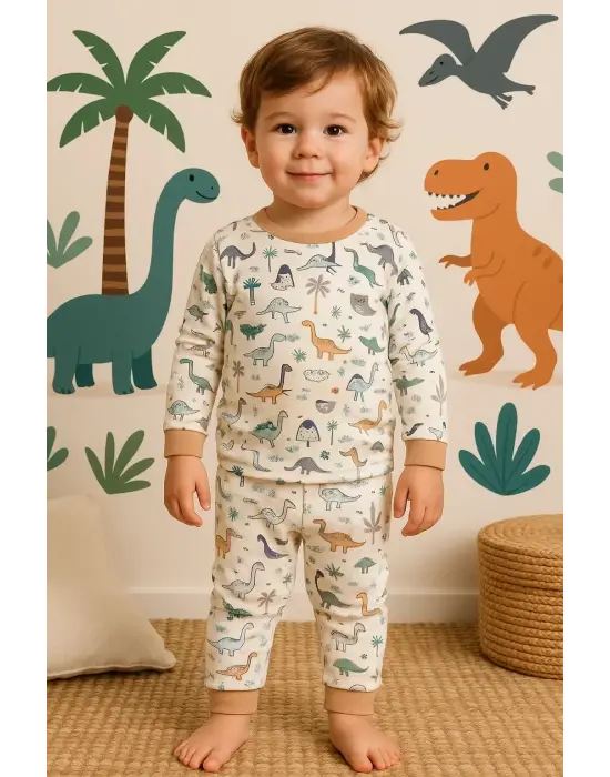 Dinazor Desenli Erkek Bebek Eşofman Takımı %100 Pamuk