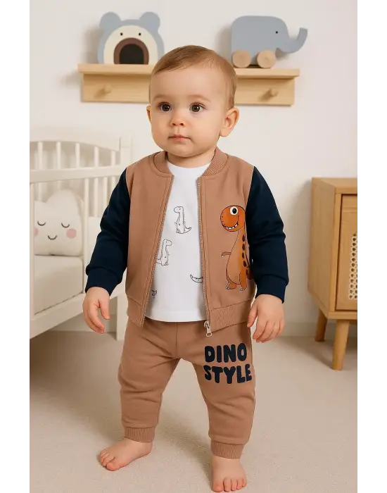 Dinazor Desenli Hırkalı 3lü Erkek Bebek Takım