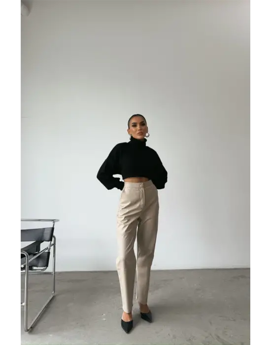 Omarı Yüksek Kaliteli Deri Pantolon - Diz Parçalı