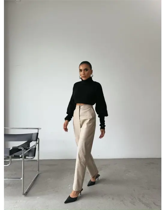 Omarı Yüksek Kaliteli Deri Pantolon - Diz Parçalı