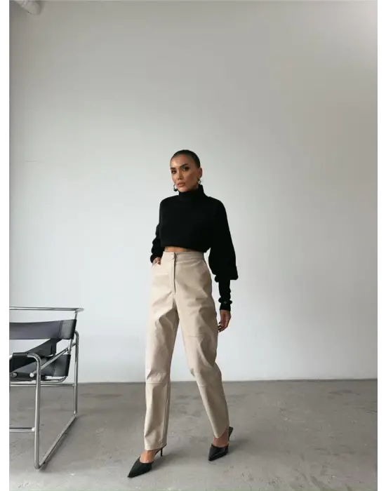 Omarı Yüksek Kaliteli Deri Pantolon - Diz Parçalı