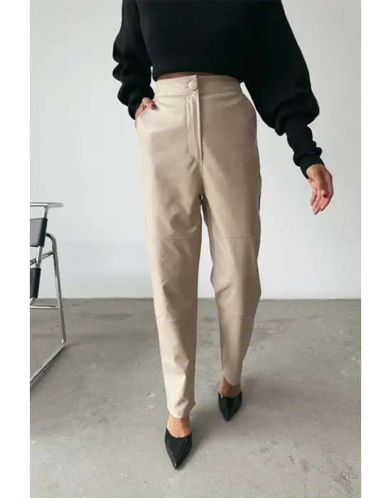 Omarı Yüksek Kaliteli Deri Pantolon - Diz Parçalı