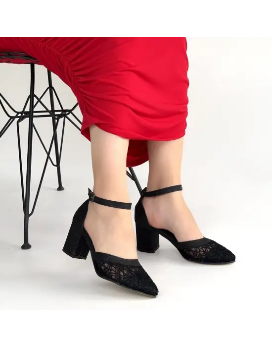 Dmop Siyah Cilt Simli Tül Detaylı Topuklu Ayakkabı