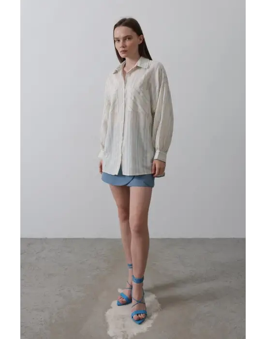 Omarı Rahat Kesim Bej Mavi Gömlek