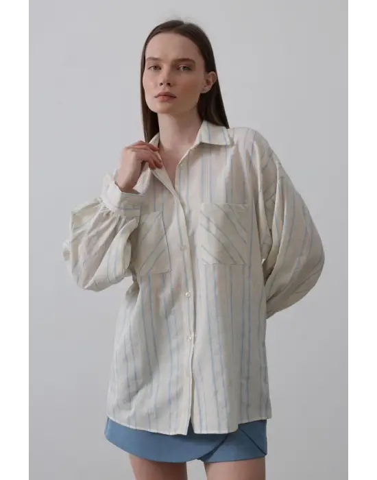 Omarı Rahat Kesim Bej Mavi Gömlek