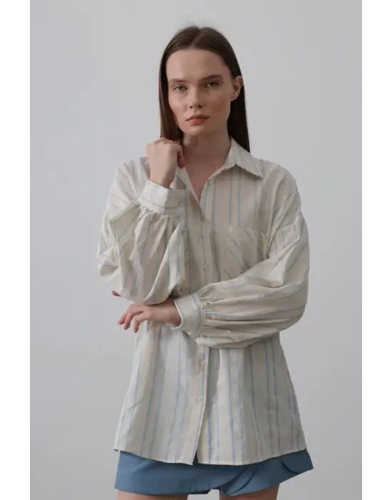 Omarı Rahat Kesim Bej Mavi Gömlek