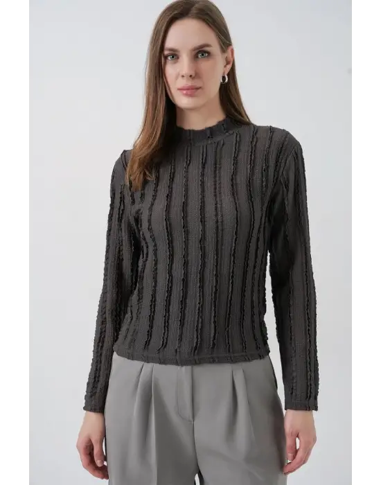 Dokulu Esnek Örme Bluz 975 - Antrasit