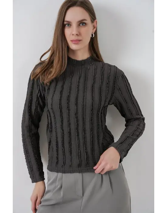 Dokulu Esnek Örme Bluz 975 - Antrasit