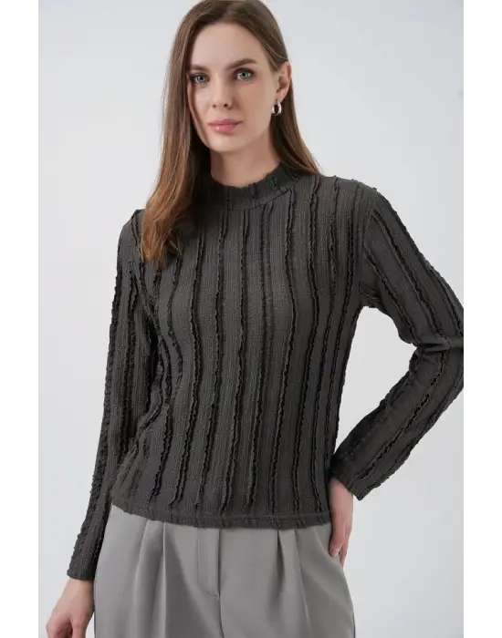 Dokulu Esnek Örme Bluz 975 - Antrasit