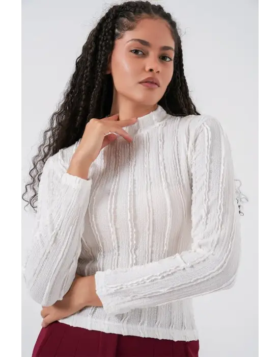 Dokulu Esnek Örme Bluz 975 - Beyaz