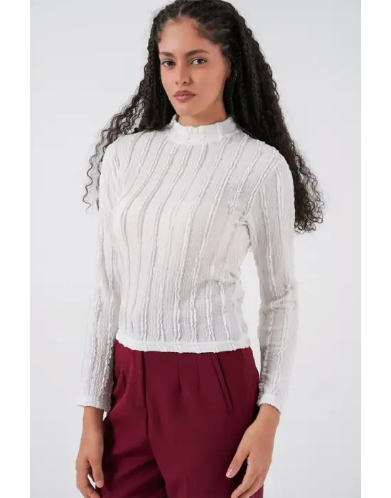 Dokulu Esnek Örme Bluz 975 - Beyaz