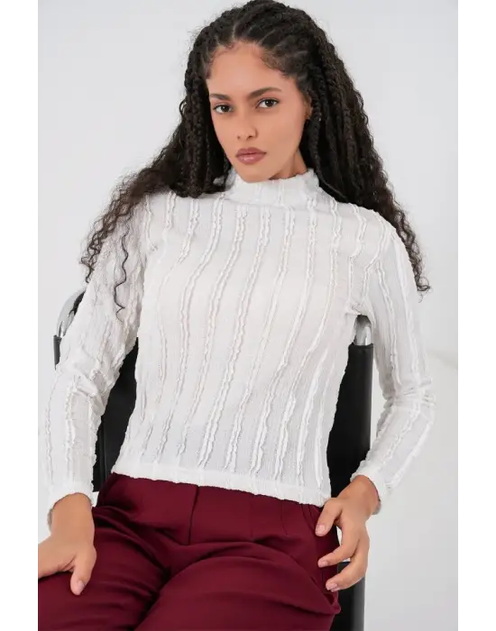 Dokulu Esnek Örme Bluz 975 - Beyaz