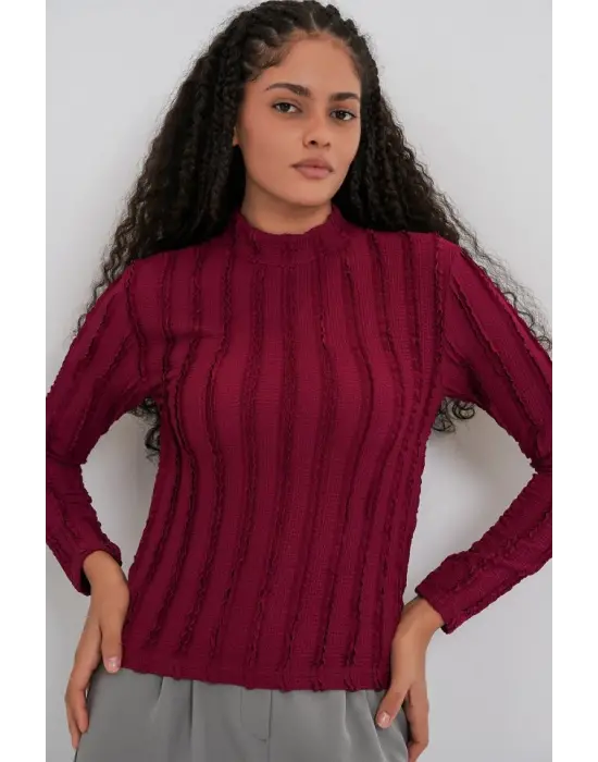 Dokulu Esnek Örme Bluz 975 - Bordo