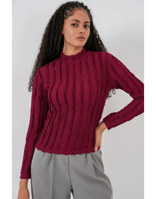 Dokulu Esnek Örme Bluz 975 - Bordo