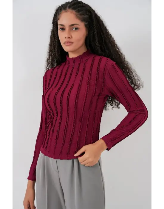 Dokulu Esnek Örme Bluz 975 - Bordo