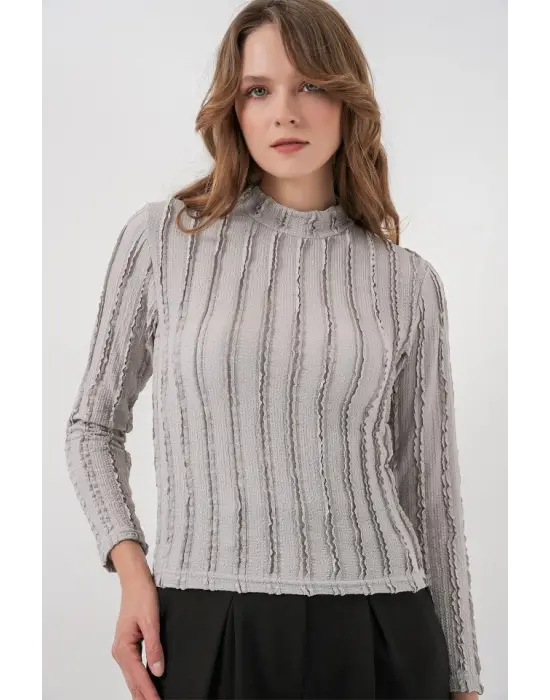 Dokulu Esnek Örme Bluz 975 - Gri