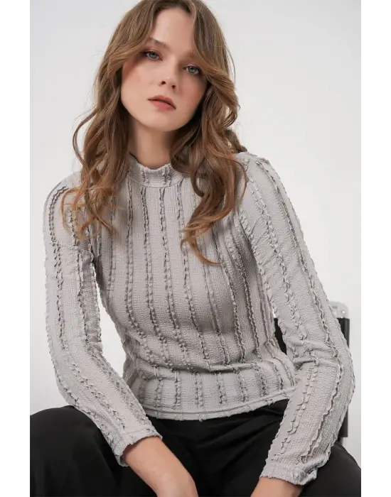 Dokulu Esnek Örme Bluz 975 - Gri