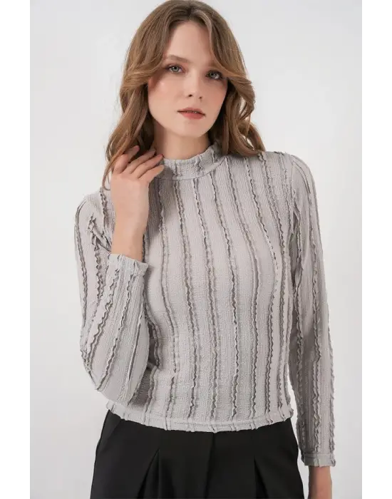 Dokulu Esnek Örme Bluz 975 - Gri