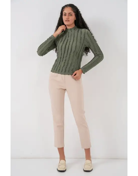 Dokulu Esnek Örme Bluz 975 - Haki