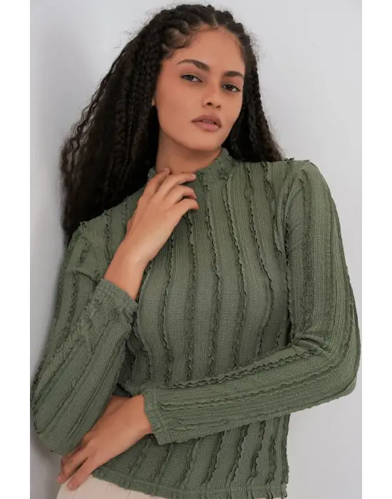 Dokulu Esnek Örme Bluz 975 - Haki