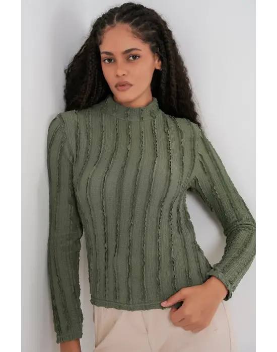 Dokulu Esnek Örme Bluz 975 - Haki