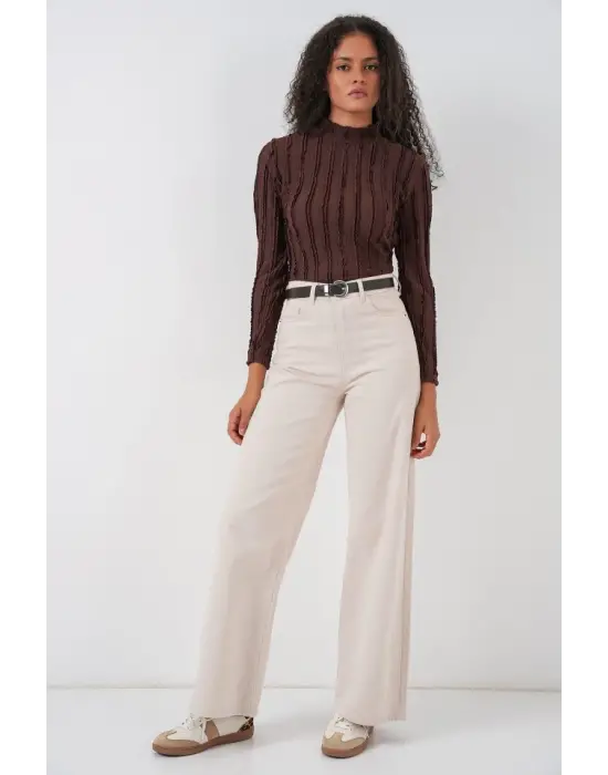 Dokulu Esnek Örme Bluz 975 - Kahverengi