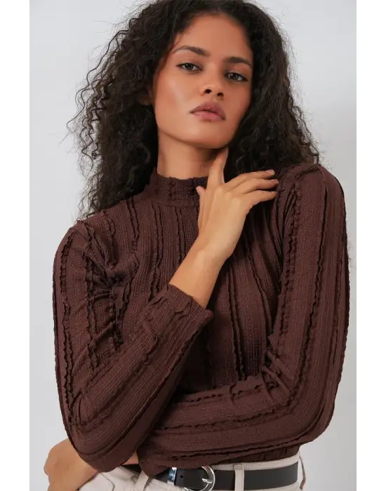 Dokulu Esnek Örme Bluz 975 - Kahverengi