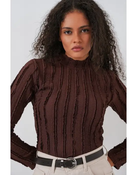 Dokulu Esnek Örme Bluz 975 - Kahverengi