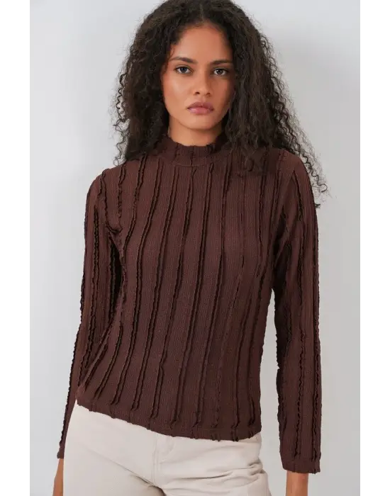 Dokulu Esnek Örme Bluz 975 - Kahverengi