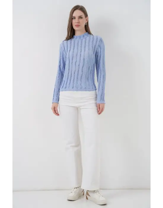 Dokulu Esnek Örme Bluz 975 - Mavi