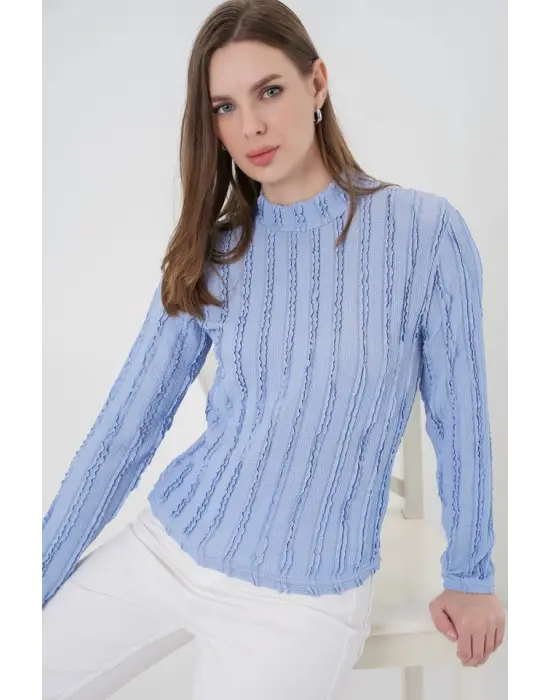 Dokulu Esnek Örme Bluz 975 - Mavi