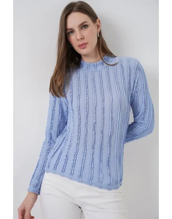 Dokulu Esnek Örme Bluz 975 - Mavi