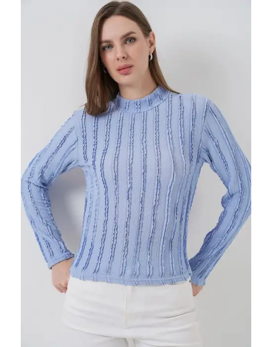 Dokulu Esnek Örme Bluz 975 - Mavi