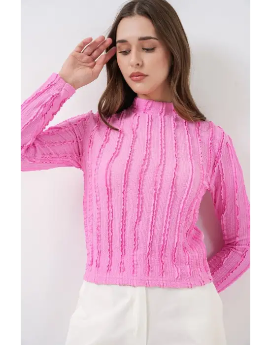 Dokulu Esnek Örme Bluz 975 - Pembe
