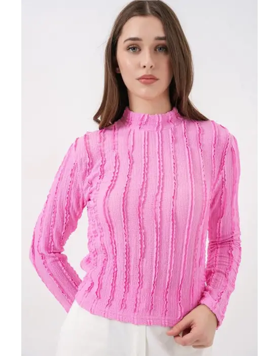 Dokulu Esnek Örme Bluz 975 - Pembe