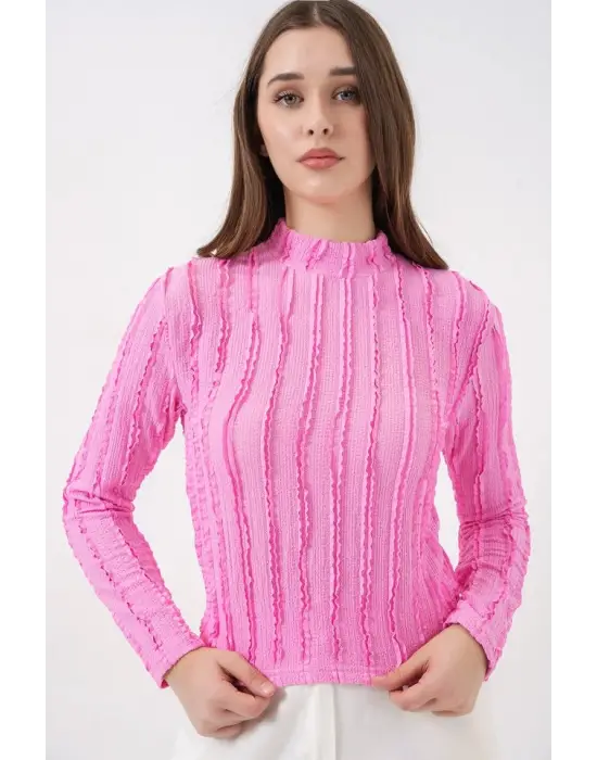 Dokulu Esnek Örme Bluz 975 - Pembe
