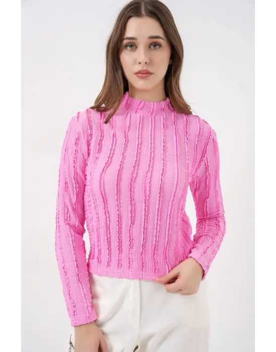 Dokulu Esnek Örme Bluz 975 - Pembe