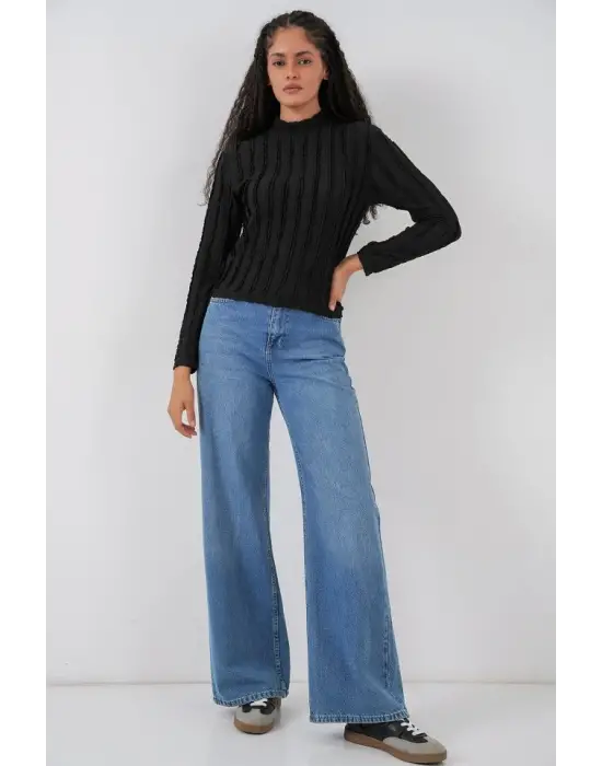 Dokulu Esnek Örme Bluz 975 - Siyah